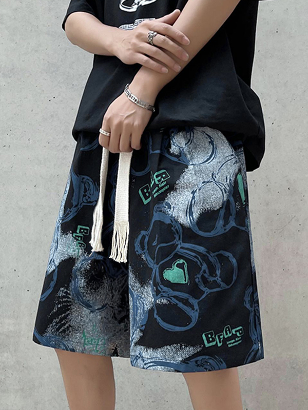 Men's Irregular Cartoon Bear Print Drawstring Shorts-1
