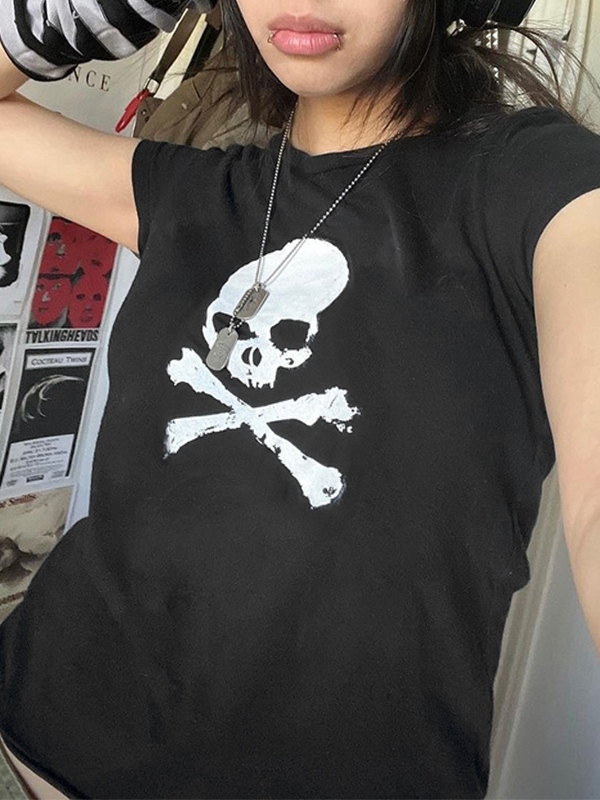 Skull Print Short Sleeve Y2K Crop Top-1