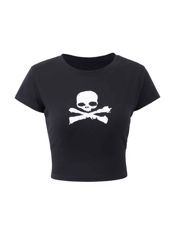 Skull Print Short Sleeve Y2K Crop Top-3
