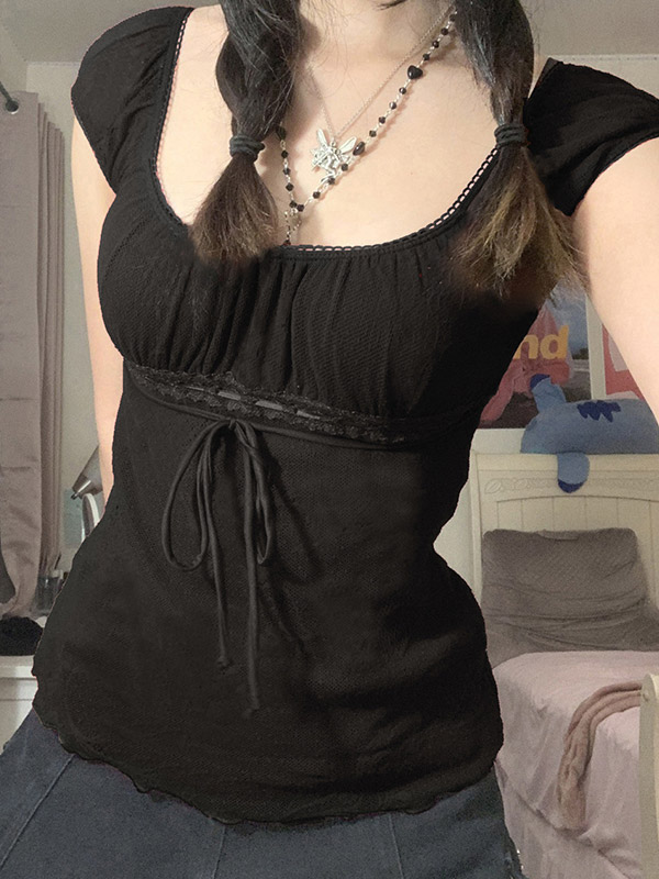 Vintage Tie Front Lace Trim Blouse-1