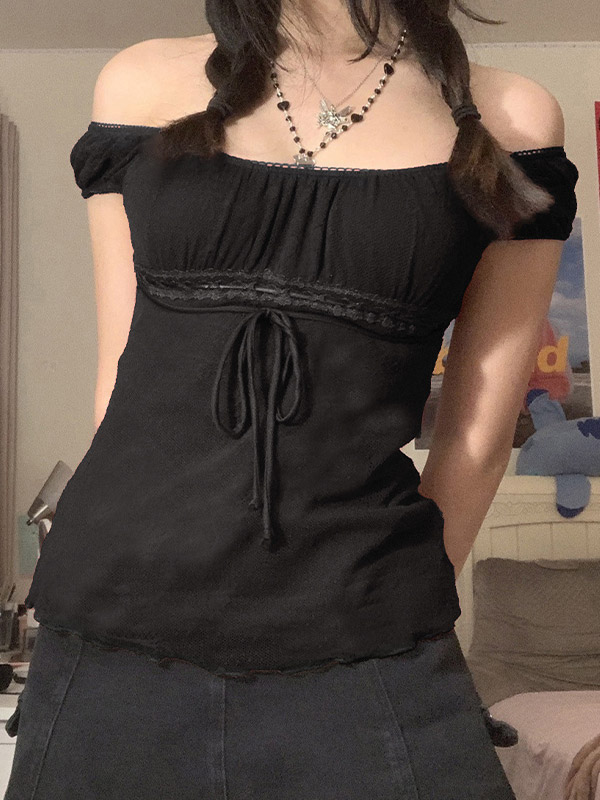 Vintage Tie Front Lace Trim Blouse-2