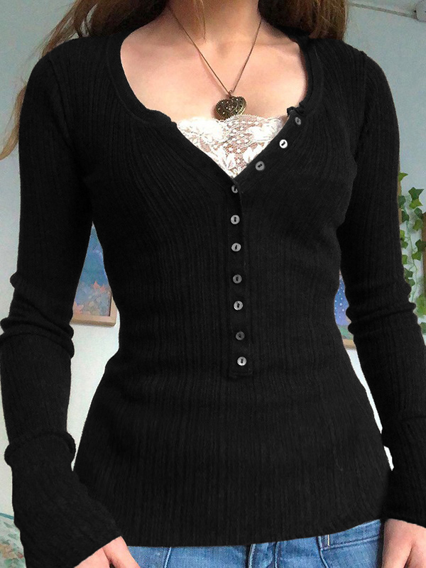 Lace Paneled Button Long Sleeve Knit Top-1