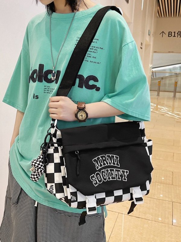 Buckle Strap Checkered Nylon Crossbody Bag-1