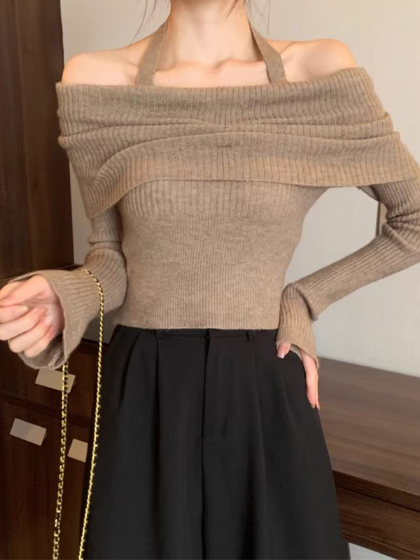 Solid Halter Ruched Cold Shoulder Sweater-1