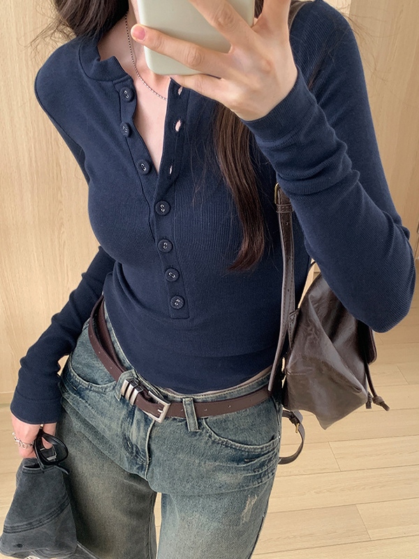 Solid Breasted Slim Long Sleeve Knit-1