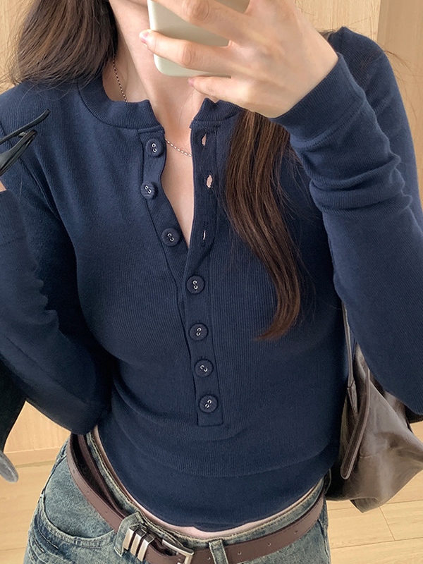Solid Breasted Slim Long Sleeve Knit-3